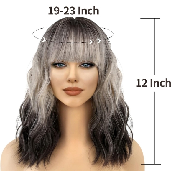 Short Black Ombre White Blonde Wig Short Wave Bob 12 inch - Picture 3 of 7
